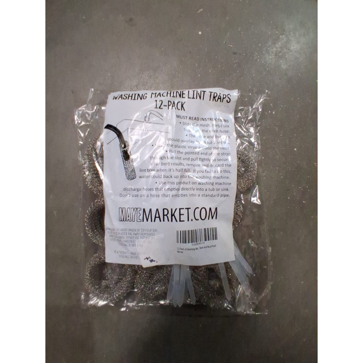 12 Pack of Washing Machine Lint Traps. Comes with 12 Ties. Attach to Your Washer Sink Hose and Allow the Metal Mesh Trap to Filter the Laundry Water. Stainless Steel and Rust Proof. Retail $8.00