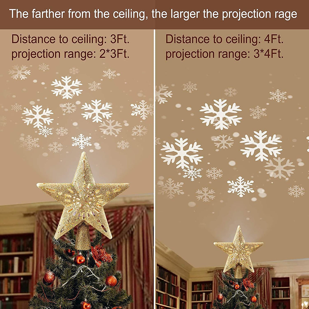 Christmas Star Tree Topper with Built-in Led Snowflake Projector Lights Hollowed Pentagram Tree Topper,Plug in Christmas Tree Ornament for Indoor Office Xmas New Year Holiday Tree Decoration