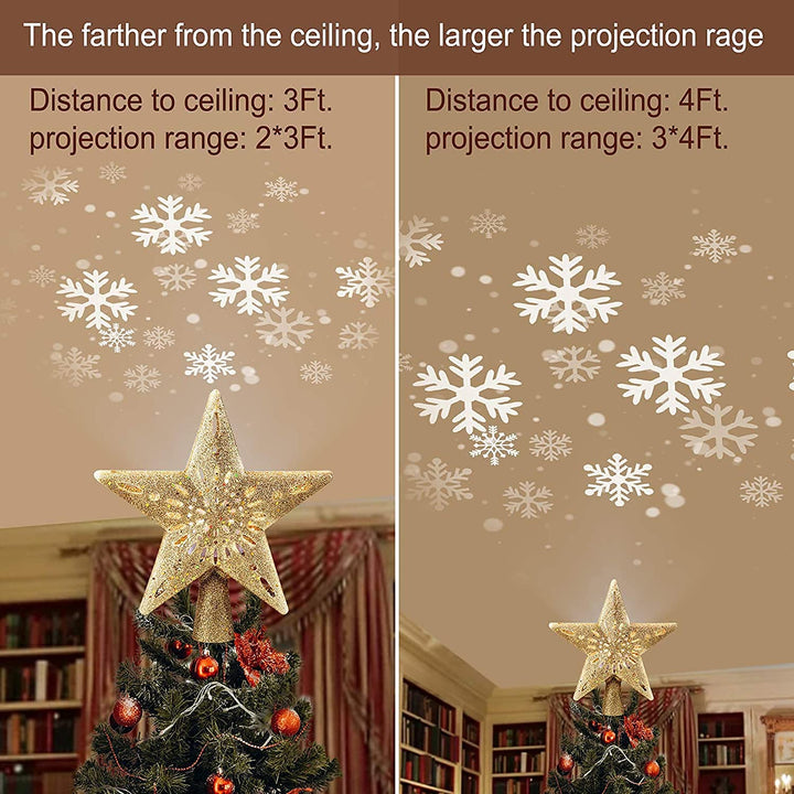 Christmas Star Tree Topper with Built-in Led Snowflake Projector Lights Hollowed Pentagram Tree Topper,Plug in Christmas Tree Ornament for Indoor Office Xmas New Year Holiday Tree Decoration