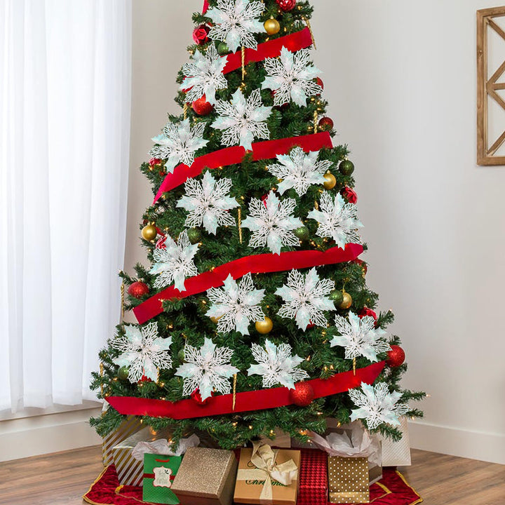 14 PCS Poinsettia Flower, 6.3" Artificial Poinsettia Christmas Decorations Glitter Poinsettias Christmas Ornaments Christmas Tree Flower Decor with Clips DIY Xmas Wreath Holiday Weed Home Party Decor