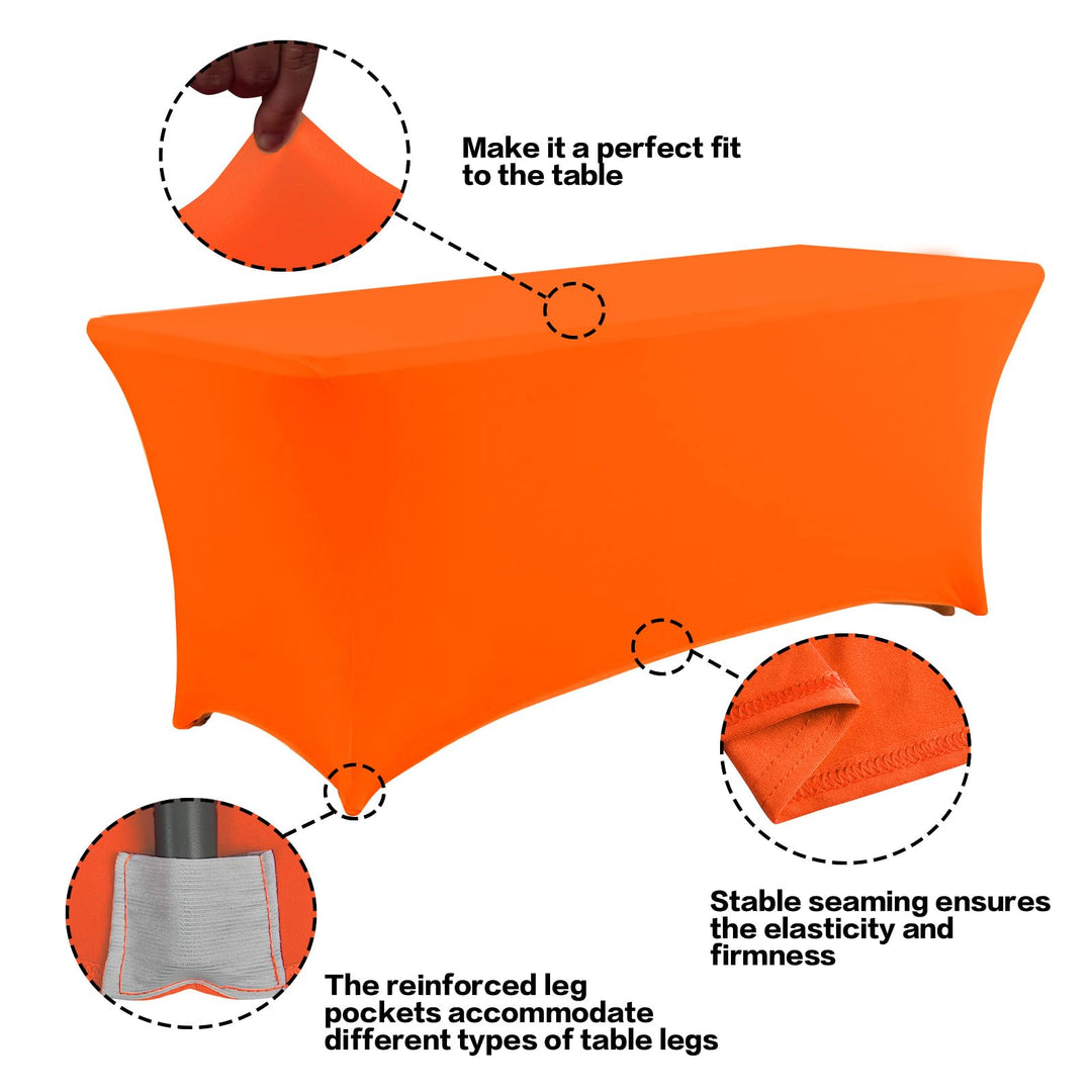 IVAPUPU 2 Pack 4FT Table Cloth for Rectangular Fitted Events Stretch Orange Table Covers Washable Cover Spandex Tablecloth Protector for Party, Wedding, Cocktail, Banquet, Festival