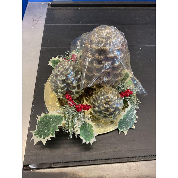 Decorative Pine Cone Christmas Arrangement - Gold Glitter, Holly, and Berries Retail $35.00