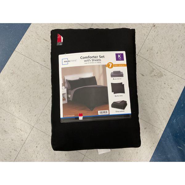 Mainstays Comforter Set with Sheets - 7 Piece, King, Black Retail $75.00