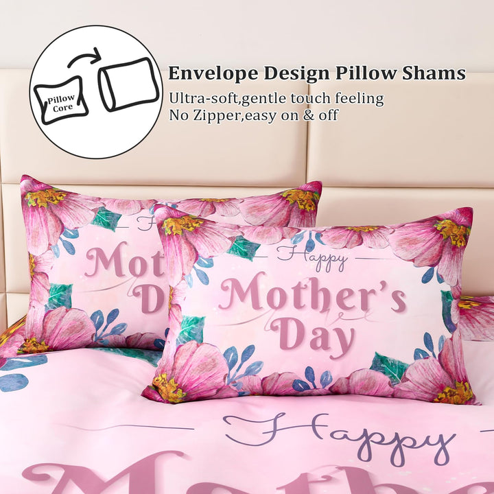 Menghomeus Happy Mothers Day Gifts for Mom Pink Floral Duvet Cover Set Queen Garden Bedding Sets Birthday Gifts for Mom from Daughter Son