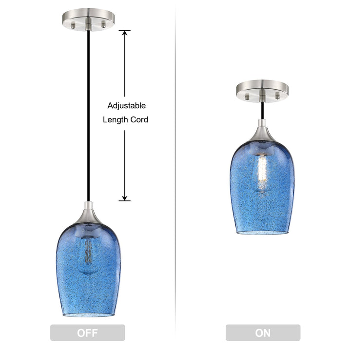 3 Pack 1 Light Hanging Indoor Kitchen Island Pendant Lights 5.1" Hand Blown Black Seeded Ancient Blue Glass Ceiling Light Fixtures Brushed Nickel Finish Modern Farmhouse Dinning Over Sink