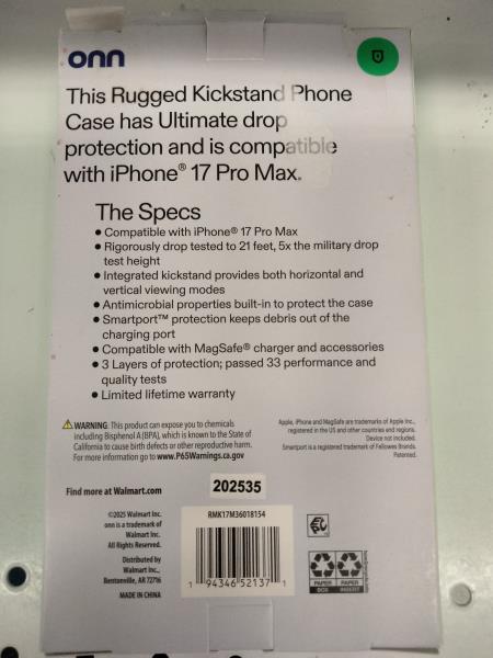 onn. 17 Pro Max Rugged Kickstand Phone Case - MagSafe Compatible Retail $15.00