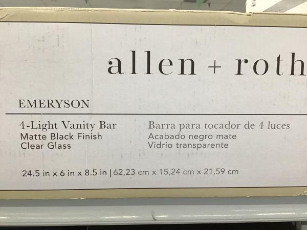 Allen + Roth Emeryson, 4-Light Vanity Bar, Matte Black Finish, Clear Glass Retail $80.00