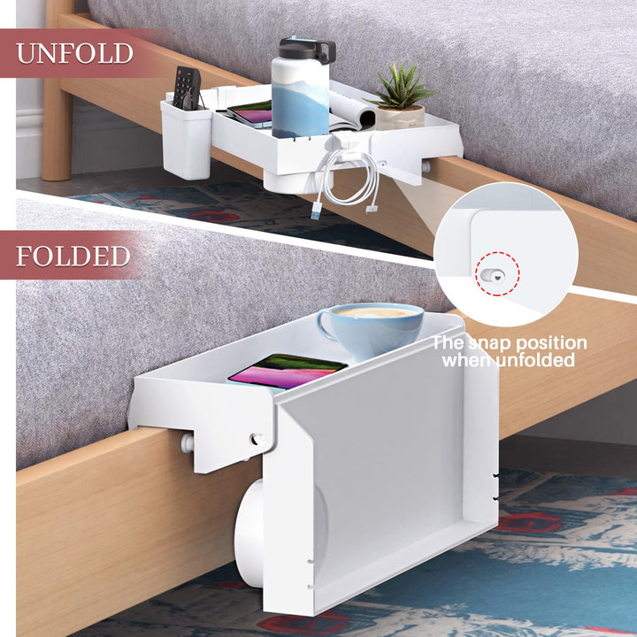 SOLEJAZZ Bedside Shelf for Bed, Foldable Bunk Bed Shelf Clip On Nightstand Tray College Dorm Room Essential Table Caddy with Drawer, Cup & Cord Holder for Top Bunk Organizer Bedroom Nightstand, White