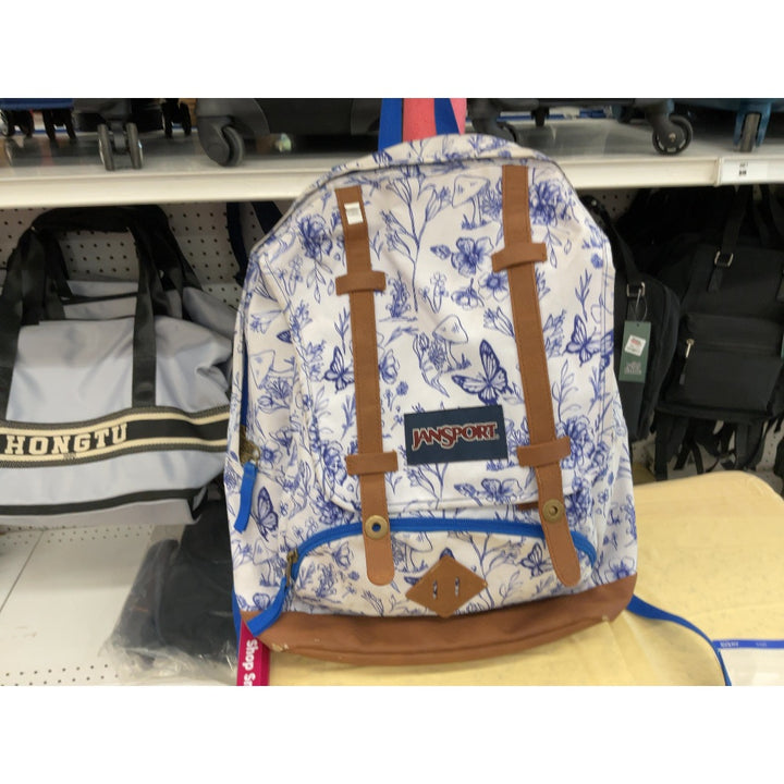 JanSport Backpack - Floral Design, Brown Accents, Blue Details