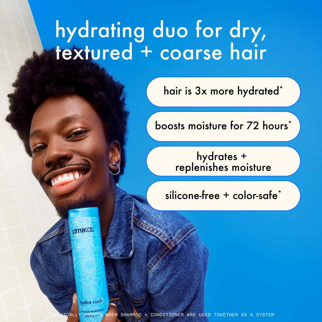 amika hydro rush intense moisture conditioner with hyaluronic acid, 1000ml | for dry, textured, or coarse hair types 2a-4c, long-lasting hydration, color-safe, keratin + chemically treated safe
