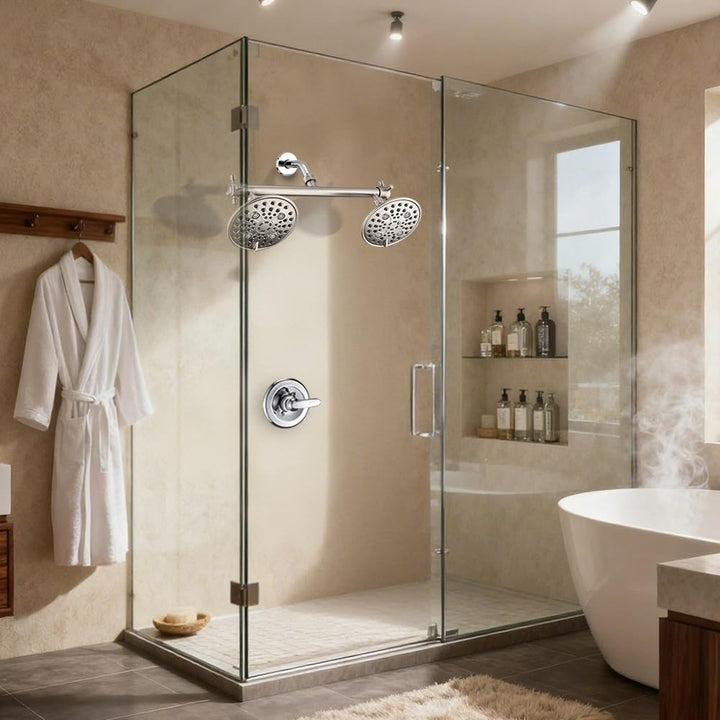 Proox Double Shower Head with Built-in Valve, High Pressure 6 Setting Dual Shower Head Design for Couple on Walk-in Bathroom or Single on Bathtub Bathroom - Brushed Nickel