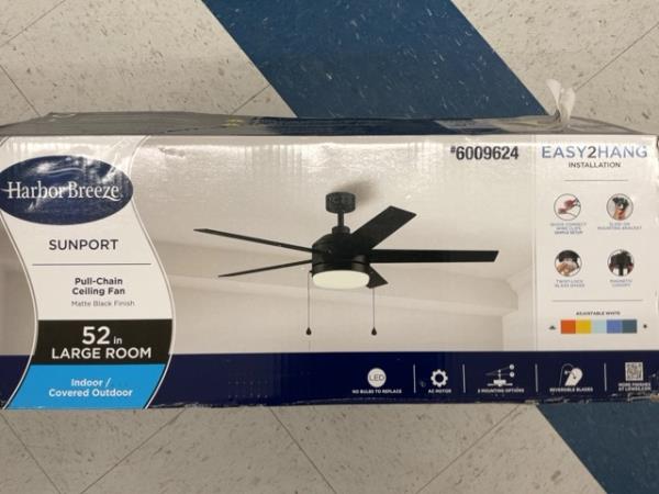 Harbor Breeze SUNPORT, Pull-Chain Ceiling Fan - Matte Black Finish, 52 inch, Large Room, Indoor/Covered Outdoor Retail $120.00