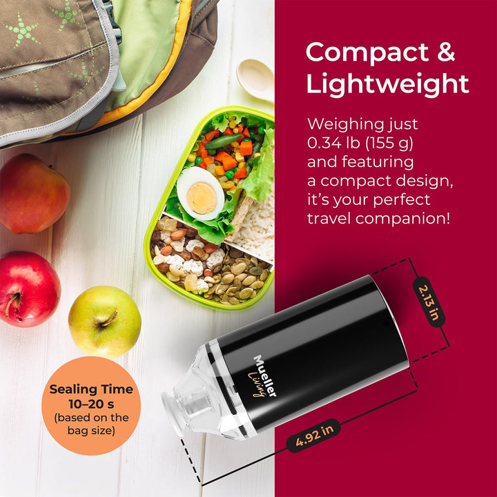 MuellerLiving Cordless Portable Food Vacuum Sealer Seals up to 60 bags, Automatic Shut Off and includes 4 Starter Bags