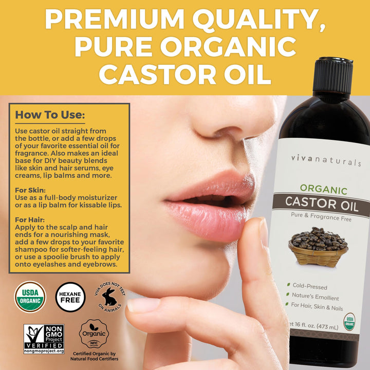 Viva Naturals Organic Castor Oil, Cold-Pressed, 16 fl oz Ã¢â‚¬â€œ For Face, Hair, Eyelashes, USDA Organic, Non-GMO - With Beauty Kit