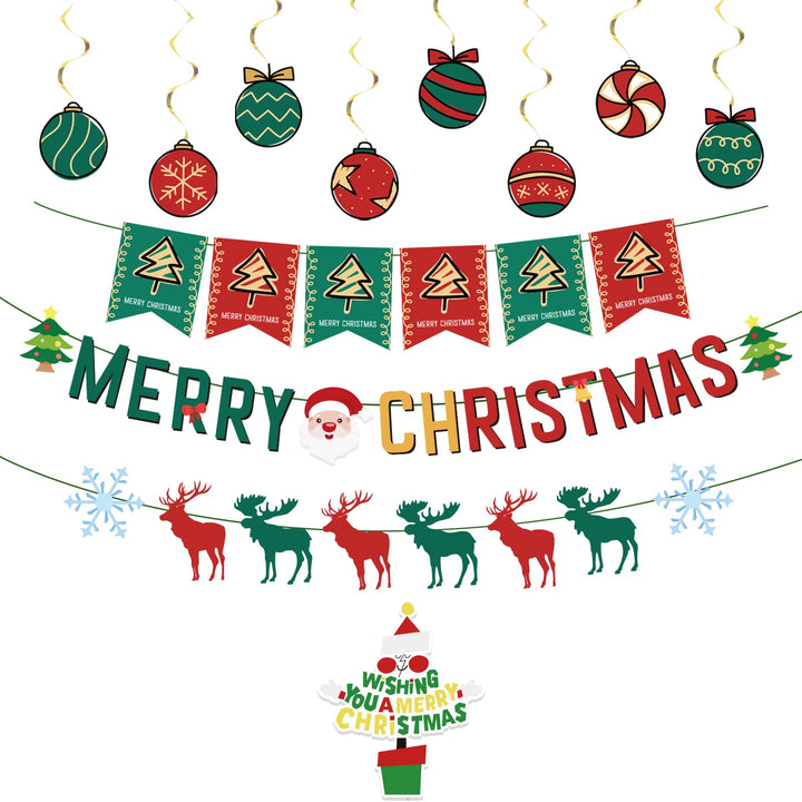 Chilfamy Christmas Decorations, Red Green Merry Christmas Party Banners, Reindeer Snow Garland Banner, Candy Foil Hanging Swirl Decors, Cake Topper for Ugly Sweater X-mas Holiday Home Party Supplies