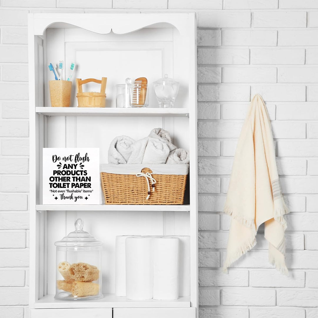 Do Not Flush Any Products Other Than Toilet Paper Bathroom Wooden Box Sign Desk Decor,Funny Bathroom Wood Block Sign Desk Shelf Decor (White)