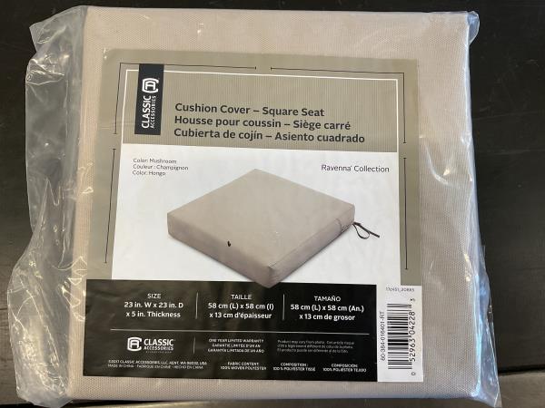 Classic Accessories Ravenna Water-Resistant 23 x 23 x 5 Inch Square Outdoor Seat Cushion Slip Cover, Patio Furniture Chair Cushion Cover, Mushroom, Patio Furniture Cushion Covers Retail $31.99