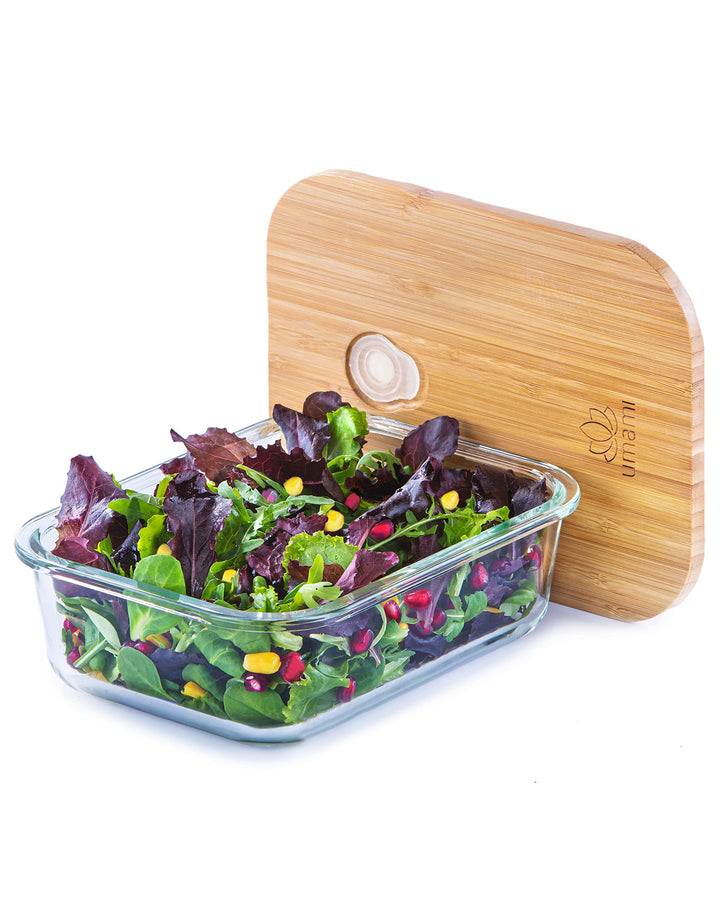 Umami Glass & Bamboo Meal Prep Container, Food Storage Container, Leakproof and Plastic Free, Stylish Microwave/Dishwasher Safe Small Bento Lunch Box For Men/Women (Glass 22 oz)