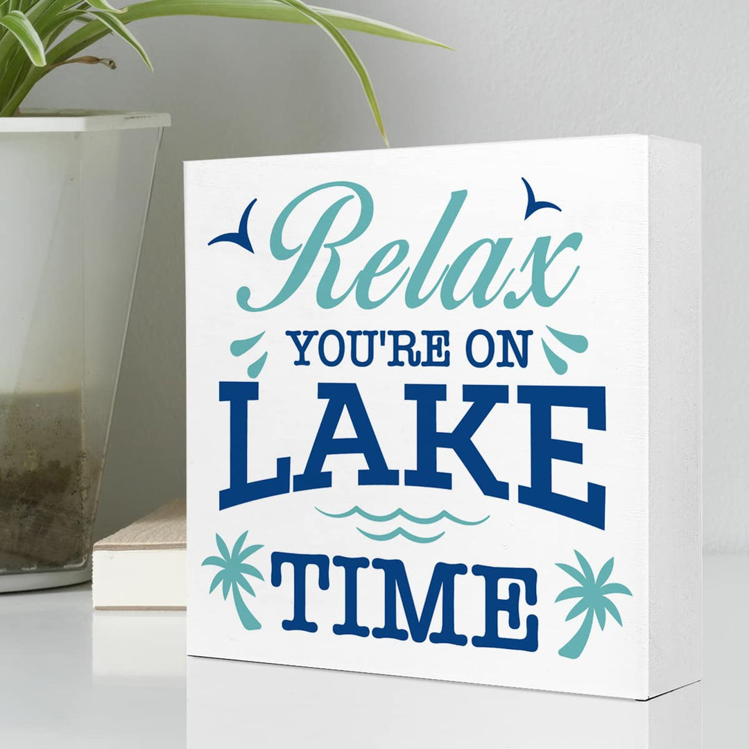 Relax You're on Lake Time Rustic Lake Wooden Plaque Sign Desk Decor,Retro Lake Cabin Home Wood Block Sign Desk Decorations for Primitive Country Lake Farmhouse Shelf Table Decor