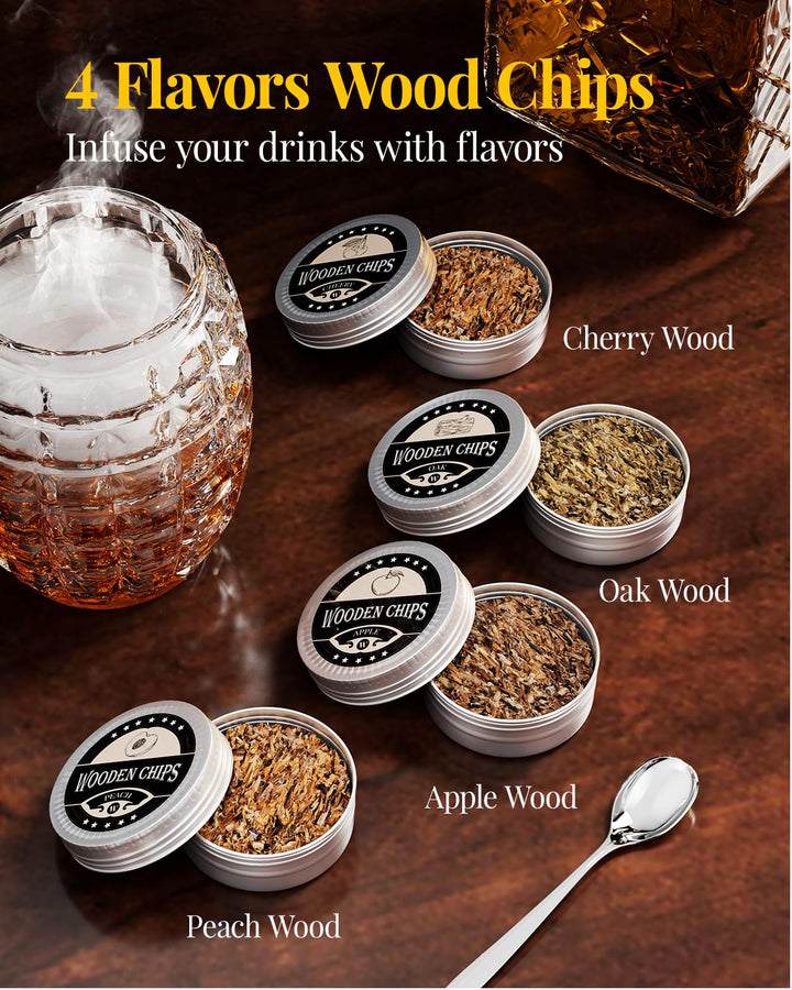 Cocktail Smoker Kit, with Unique Grenade Shaped Glass, Old Fashioned Bourbon Whiskey Smoker Kit with 4 Flavored Wood Chips, Personalized Birthday Gift for Man, Him, Dad