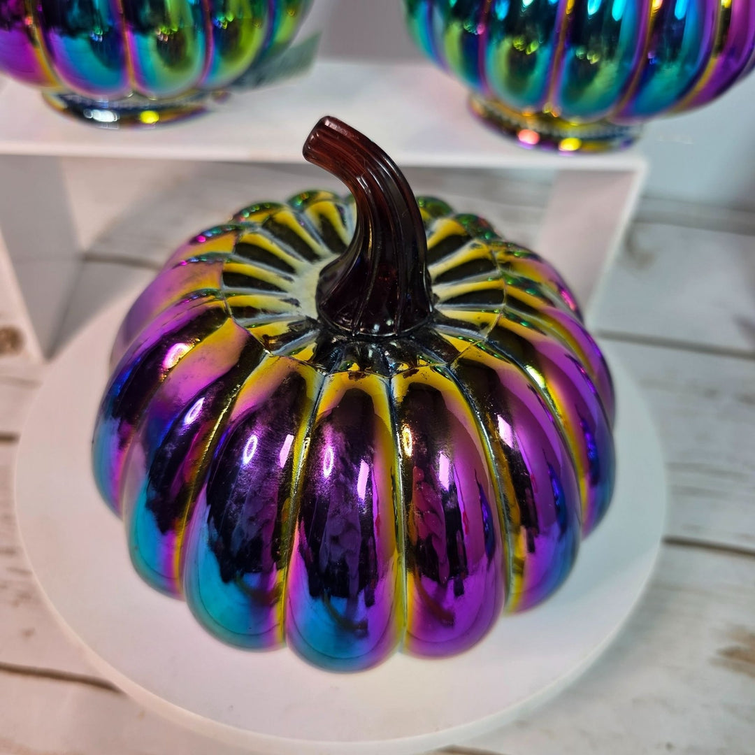 Set of 6 Dark Iridescent Glass Pumpkins & Gourds 5" Tall Decorative Accents