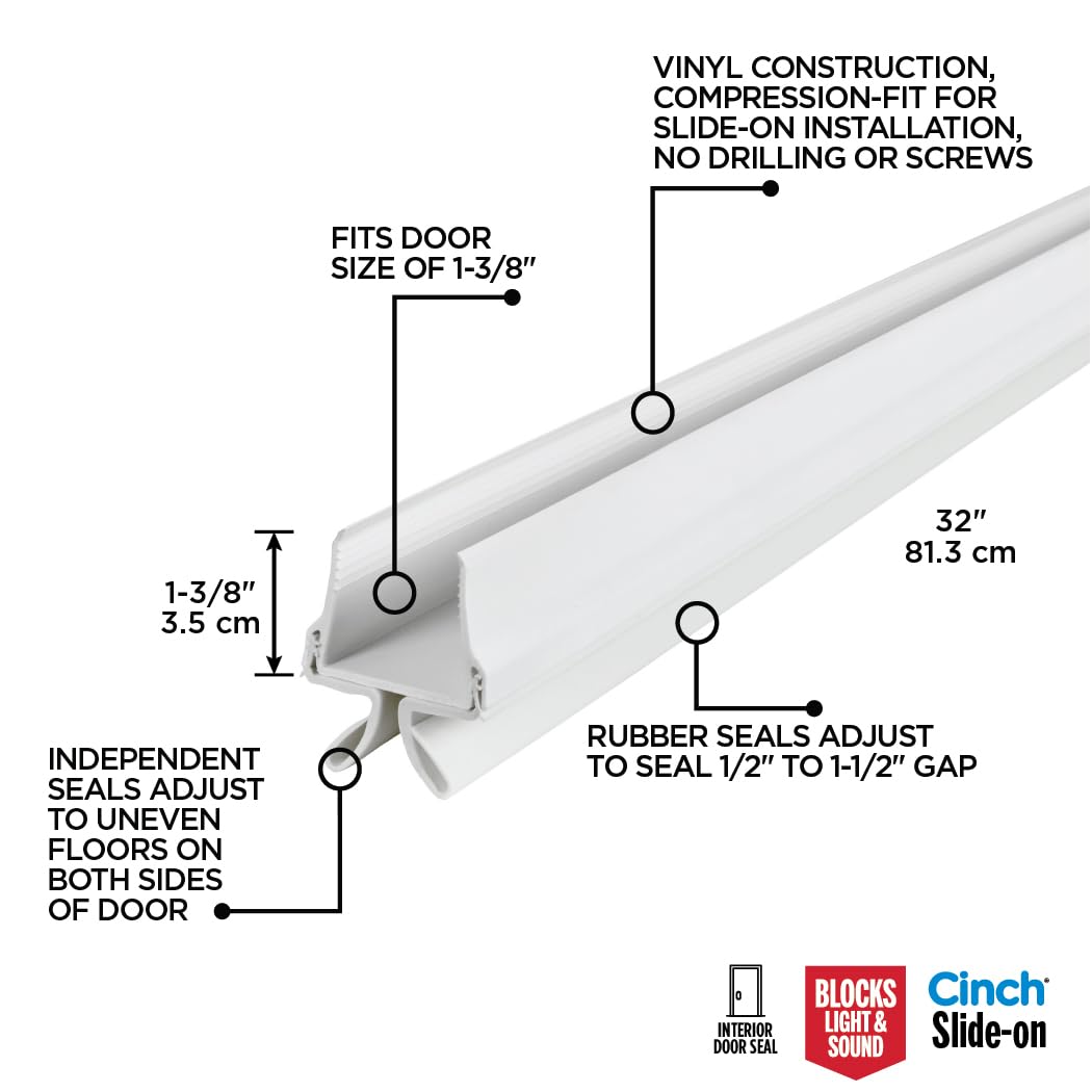 M-D Building Products 43398 32 in. White Vinyl & Rubber CinchÂ® Slide-On Interior Under Door Seal