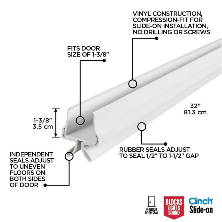M-D Building Products 43398 32 in. White Vinyl & Rubber CinchÂ® Slide-On Interior Under Door Seal