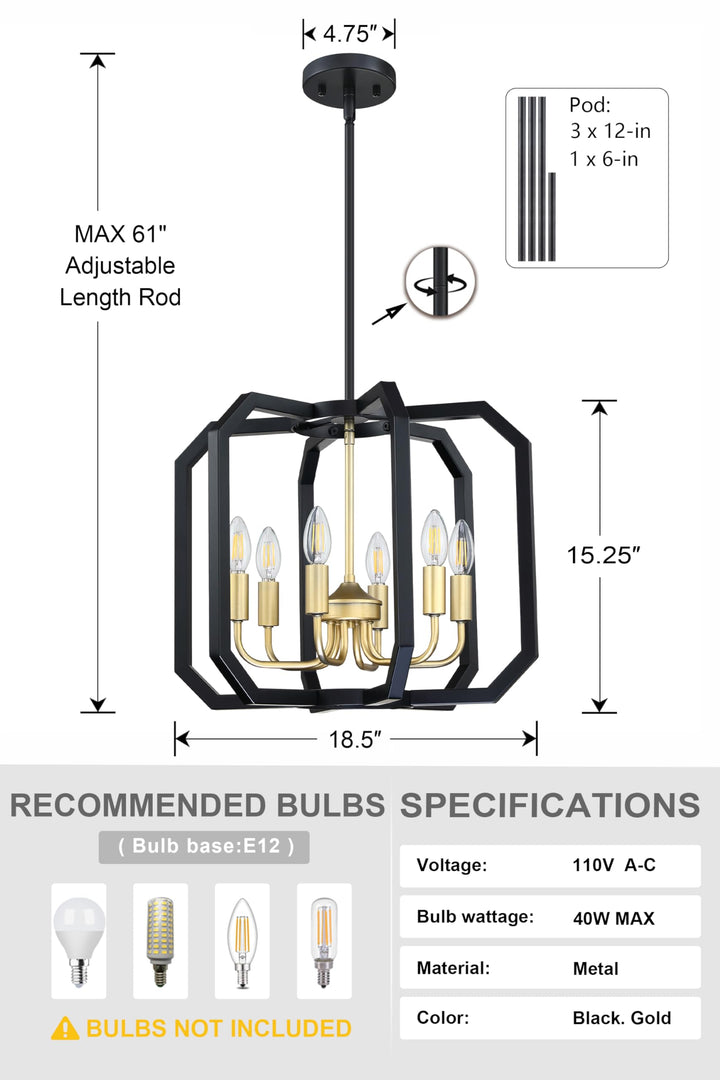 Doraimy Lighting 6 Light Farmhouse Adjustable Rod Black Pendant Light Fixtures Gold Finish,Rustic Hanging Ceiling Chandelier Light for Foyer Dining Room Kitchen Island Hallway