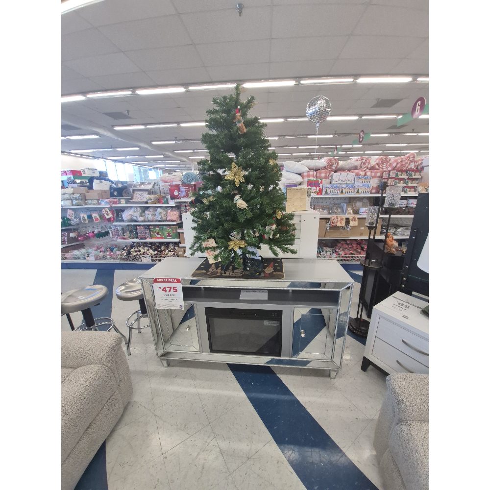 Mirrored Fireplace TV Stand, Mirrored Finish, Shelving, Modern Design