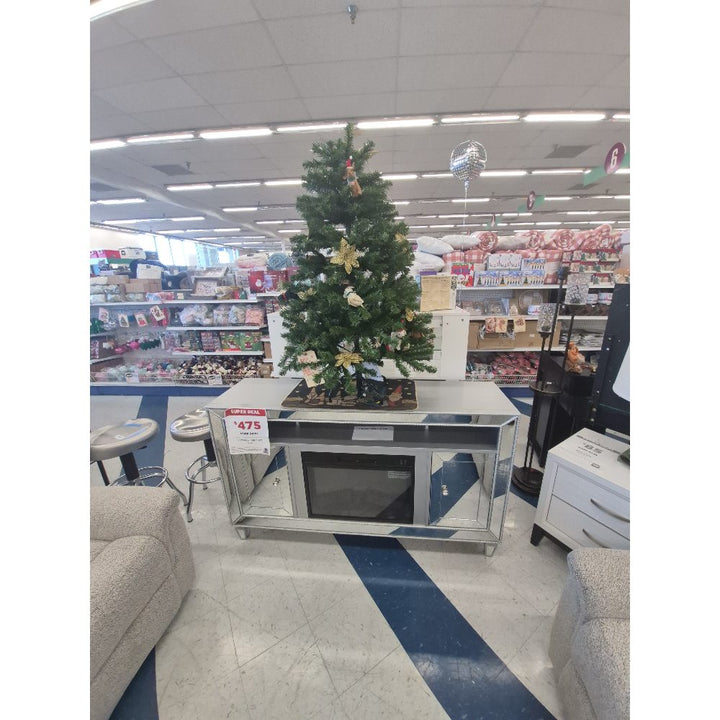 Mirrored Fireplace TV Stand, Mirrored Finish, Shelving, Modern Design