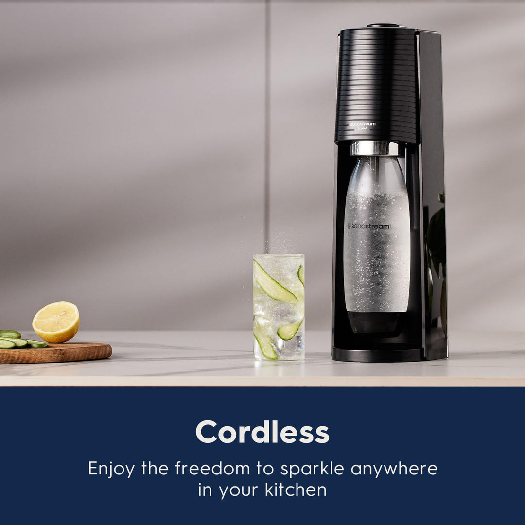 SodaStream Terra Sparkling Water Maker (Black) with CO2 and Dishwasher Safe Bottle