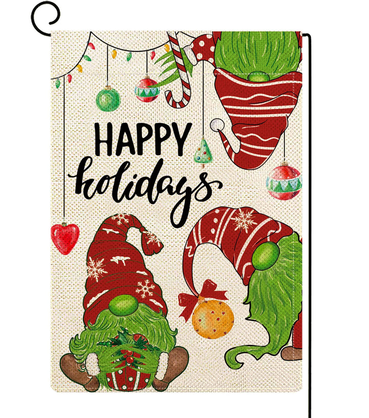 ORTIGIA Christmas Gnome Garden Flag Happy Holidays Burlap Vertical Double Sided Christmas Snowman Ball Qrnaments Flag Xmas Farmhouse Seasonal Winter Holiday Yard Outdoor Decoration 12x18 Inch