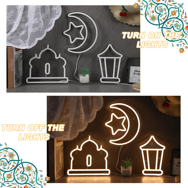 ROCEEI 3 Pcs Ramadan Eid Mubarak Neon Sign, Moon Star Castle Neon Lights Gift Box Neon LED Lights USB Wall Bar Living Room Decor for Ramadan Eid Mubarak Party Holiday Night Bedroom Gifts