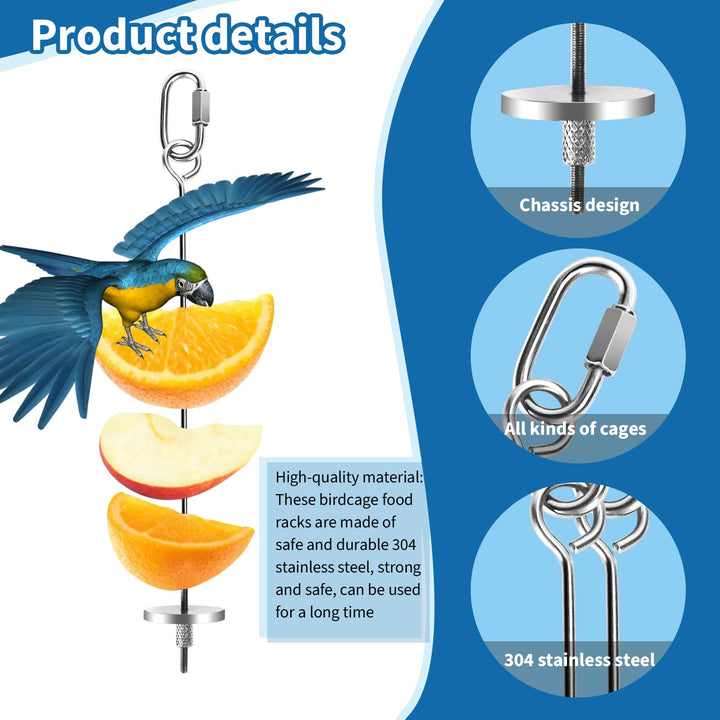 Fansunta 3 Pieces Bird Cage Food Holder Bird Cage Feeder Stainless Steel Bird Parrot Skewer Foraging Hanging Food Feeder Bird Cage Accessories for Macaws, Small Parakeets, Conures, Budgies, Finches