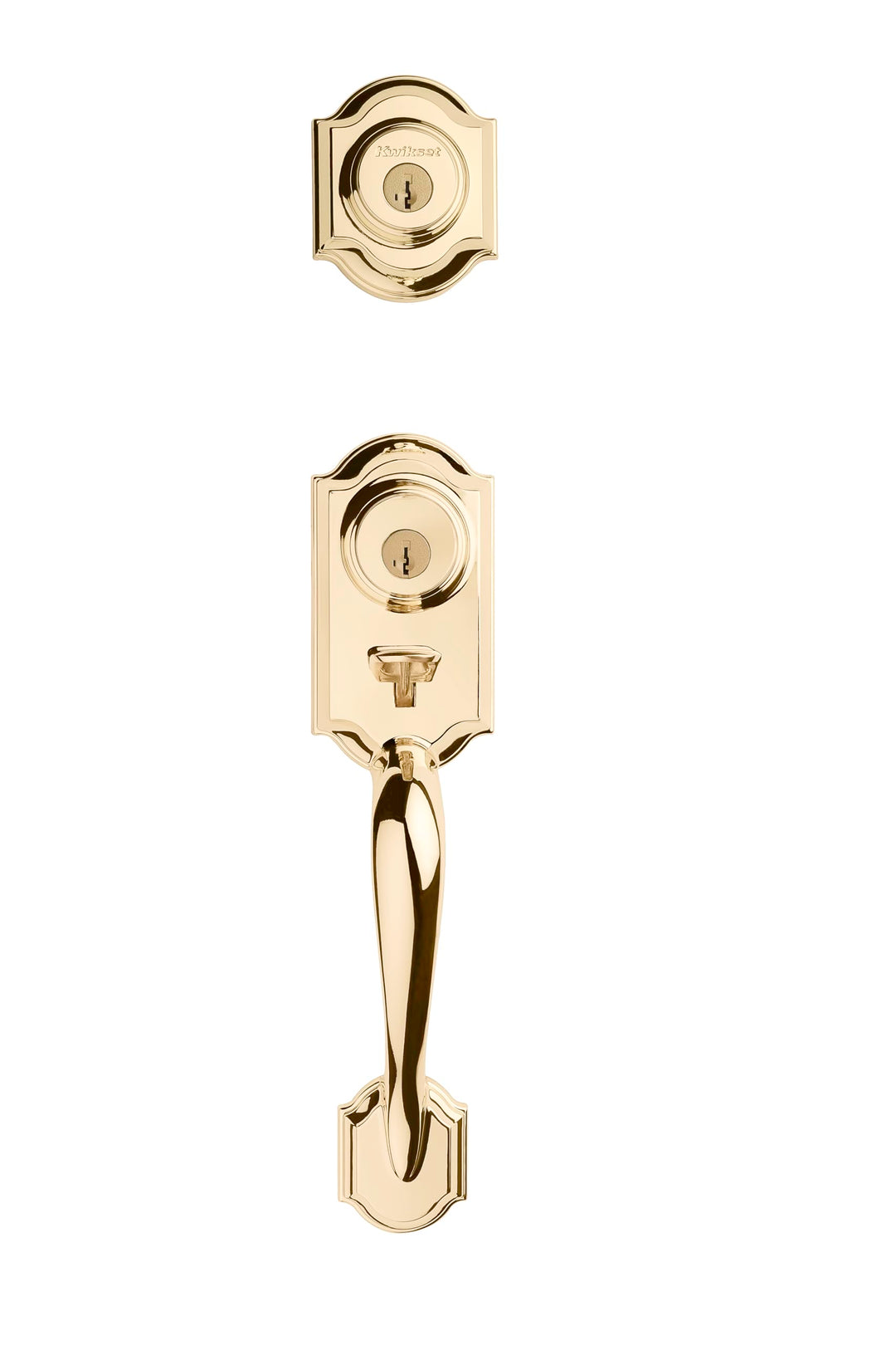 Kwikset Montara Front Door Lock Handle and Deadbolt Set, Entry Handleset Exterior with Interior Door Knob, Polished Brass, Pick Resistant SmartKey Rekey Deadbolt Security