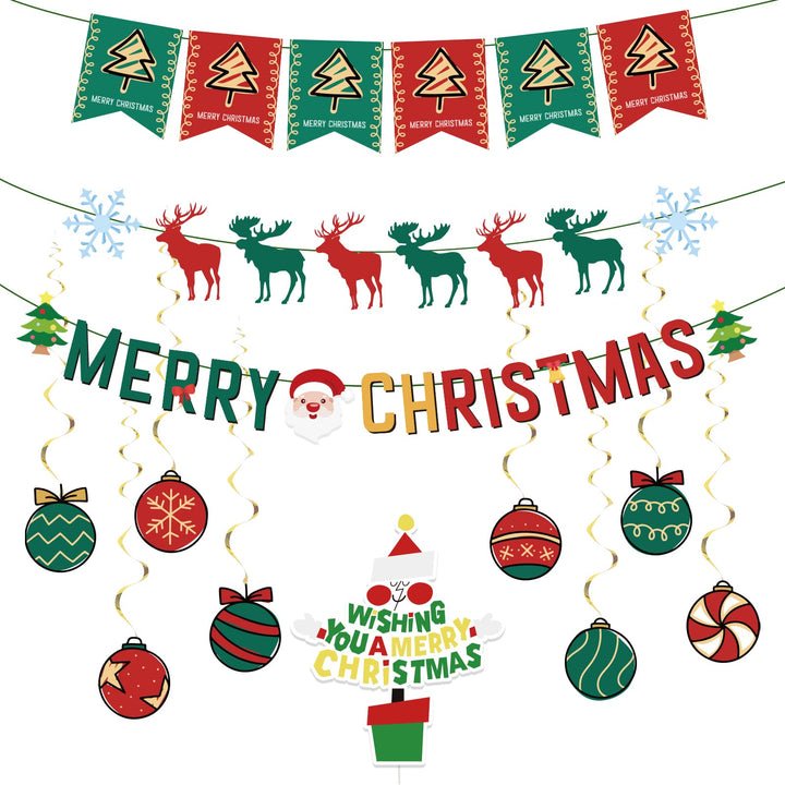 Chilfamy Christmas Decorations, Red Green Merry Christmas Party Banners, Reindeer Snow Garland Banner, Candy Foil Hanging Swirl Decors, Cake Topper for Ugly Sweater X-mas Holiday Home Party Supplies