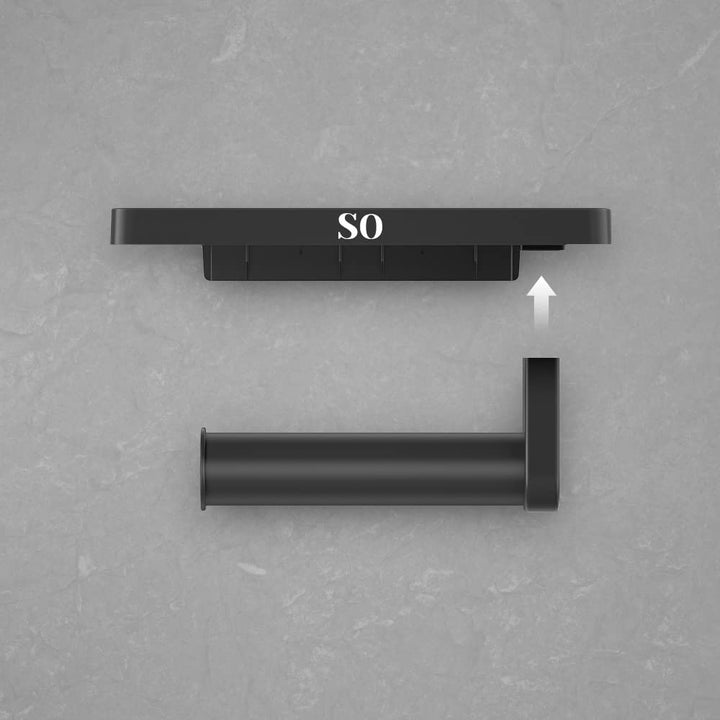 Step One Toilet Paper Holder with Shelf - Modern, Sleek Design - Phone/Accessories Holding Shelf - Matte Black - Adhesive Wall-Mount - Sturdy Easy Fixture, 1 min Installation, No Screws,