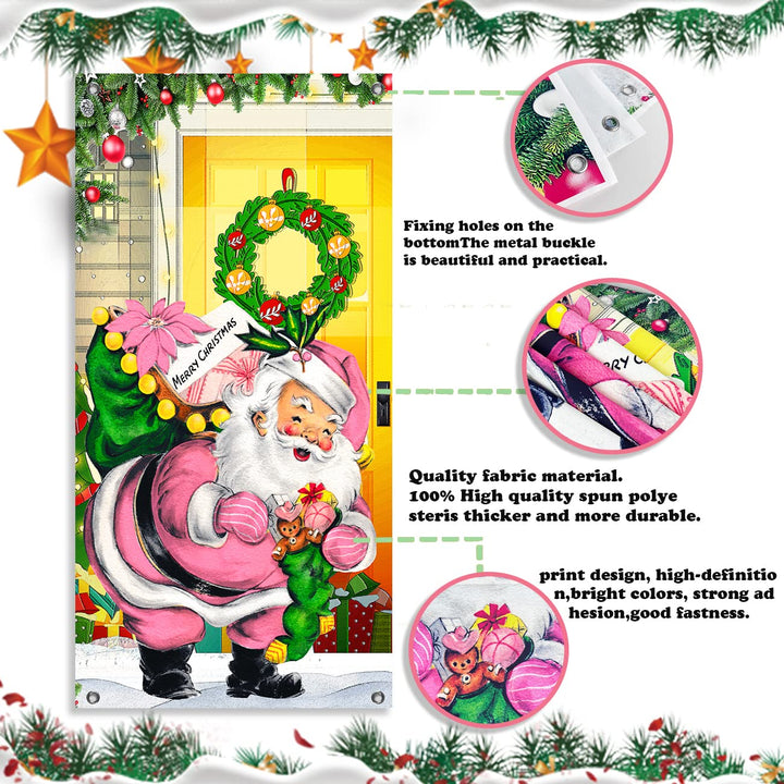 Chinthie Merry Christmas Decorations Pink Santa Claus Door Cover Backdrop Funny Xmas Hanging Banner Christmas Eve Porch Sign Photo Booth Prop for Year Indoor Outside Front Door Party Supplies