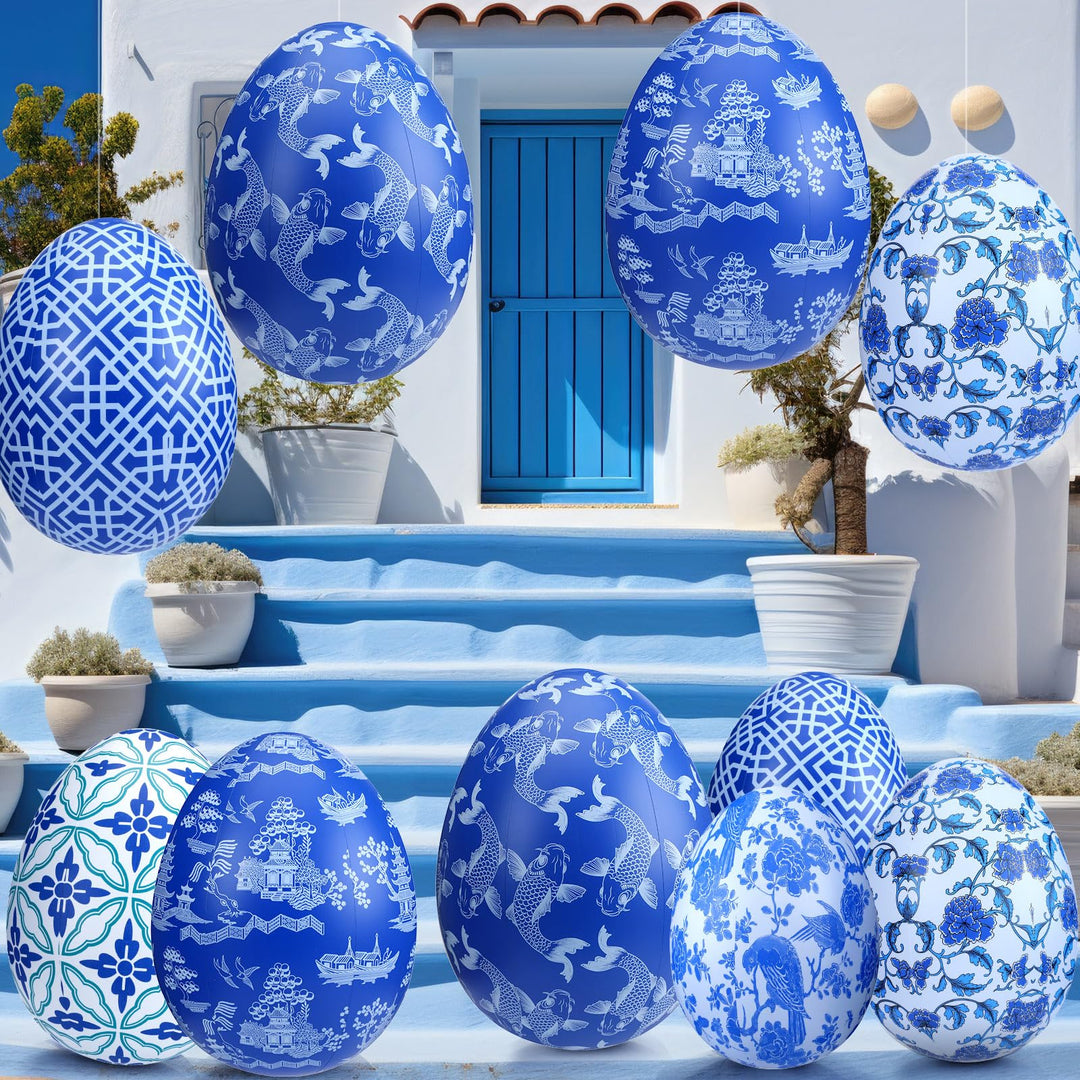 Lunmon 12 Pcs 16'' 24'' Inflatable Easter Eggs Decorations Chinoiserie Easter Inflatables Outdoor Decor Large PVC Blue White Inflatables Easter Eggs Hanging Ornaments for Yard, Lawn, Garden(16", 24")