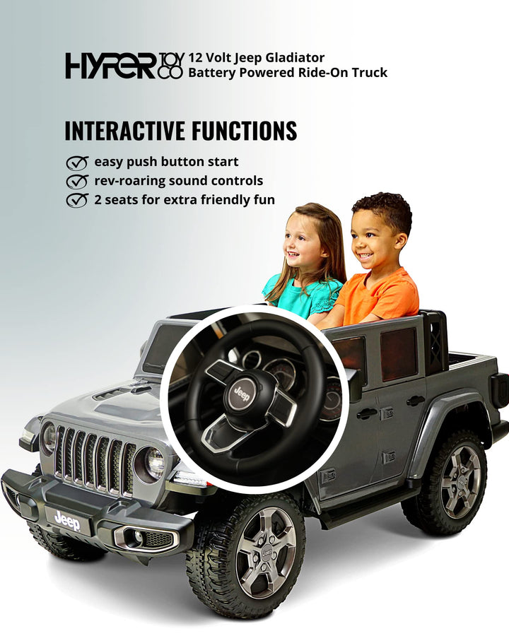 Hyper Jeep Gladiator 12V Kids Ride On Car, 2 Seater with Real Doors & Sound Controls, for Children Aged 3 and Up (Gray)