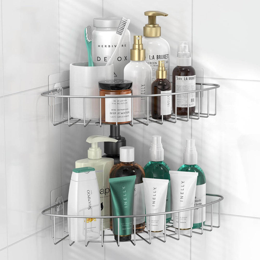 LBSUN 2-Pack Corner Shower Caddy, Silver SUS304 Stainless Steel Wall Mounted Shower Shelf for Toilet, Dorm and Kitchen