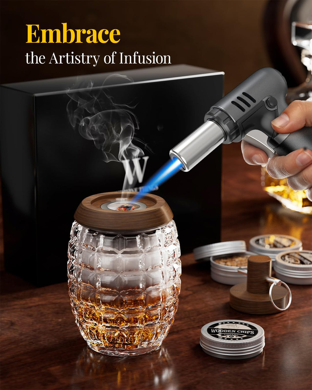Cocktail Smoker Kit, with Unique Grenade Shaped Glass, Old Fashioned Bourbon Whiskey Smoker Kit with 4 Flavored Wood Chips, Personalized Birthday Gift for Man, Him, Dad
