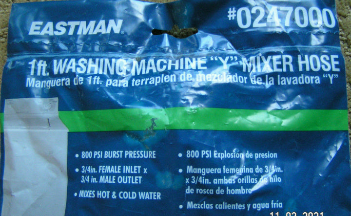 1ft Y Washing Machine Mixer Hose Eastman #0247000