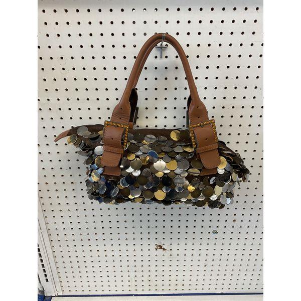 Designer Coin Embellished Shoulder Bag - Brown Leather Retail $150.00
