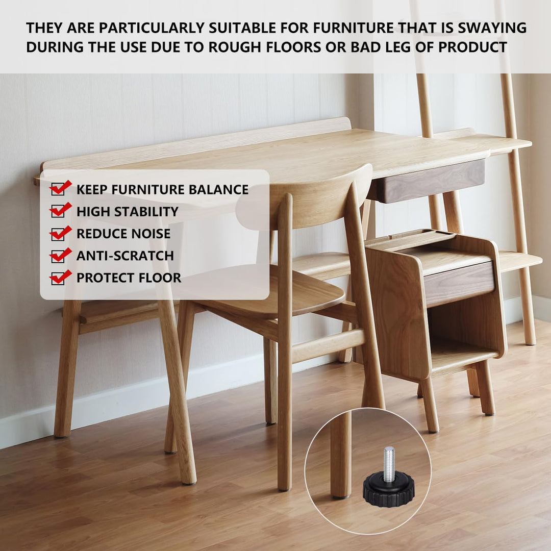 1/4" Thread Furniture Feet Levelers wth Nuts - 12Pcs Adjustable Leveling Feet with T-Nuts - Screw-in Threaded Glide Leveling for Bar Stool/Bench/Bed/Cabinet/Desk/Dresser/Wood Legs