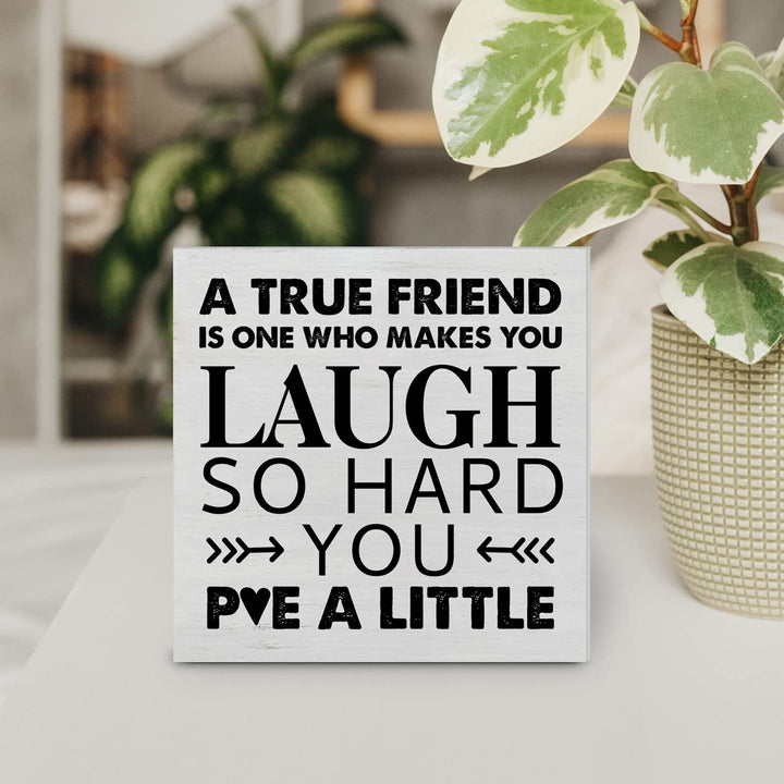 True Friend Gift Wood Box Sign Decor Desk Sign for Bestie Friendship, Friends Going Away Graduation Birthday Gifts Wooden Box Block Sign, Rustic Home Shelf Wall Decoration