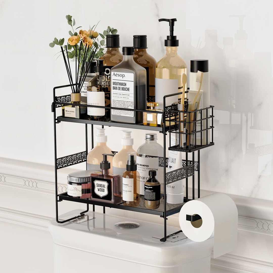Iirios Over The Toilet Storage, Upgrade 2-Tier Folding Bathroom Organizer Shelves, Metal Multifunctional Toilet Rack with Basket and Paper Holder, No Assembly, No Drilling Space Saver (Black)
