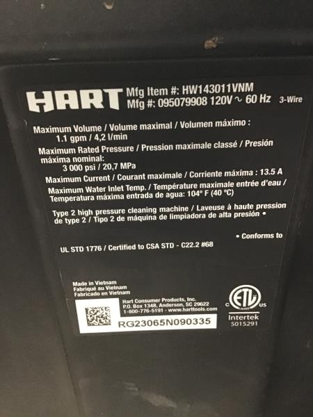 HART 3000 PSI Electric Pressure Washer - 1.1 GPM, Brushless Motor, Soap Dispenser Retail $200.00