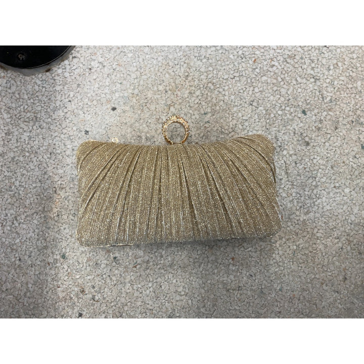 Evening Clutch - Gold, Pleated, Rhinestone Clasp