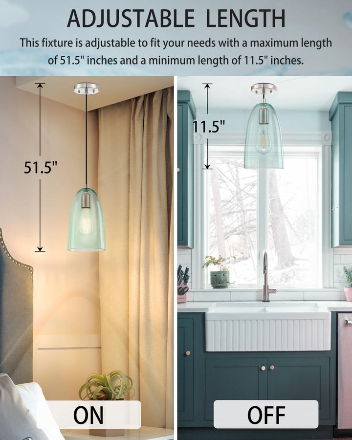 2 Pack 1 Light Indoor Hanging Kitchen Island Pendant Lights 5.3" Clear Green Glass Pendant Light Fixture,Brushed Nickel Finish Modern Farmhouse Dinning Over Sink